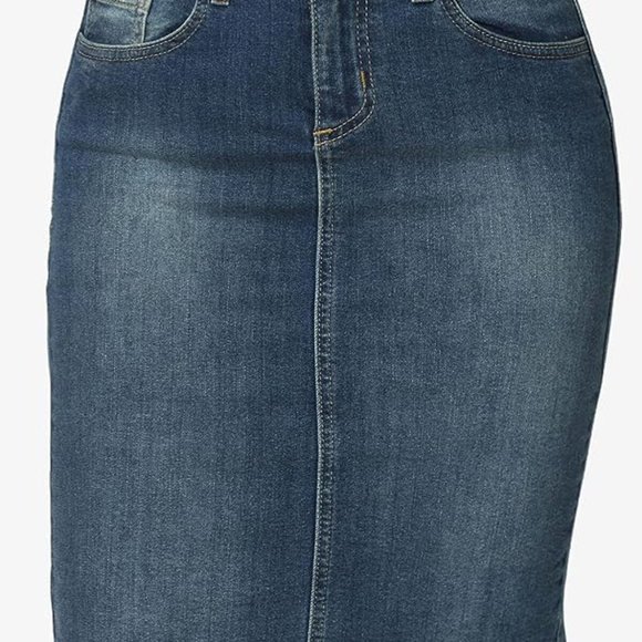TheMogan Women's Butt Lift Washed Blue Jean Pencil Midi Soft Denim Skirt Light - Picture 4 of 7